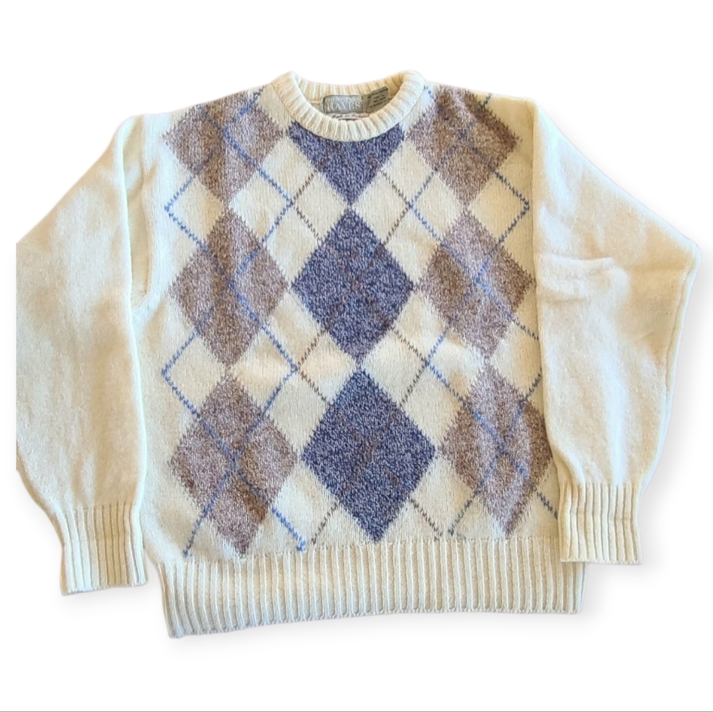 Vtg Irish Argyle Sweater Sz L 100% Shetland Wool Cream Blue Tan Pullover Crew
